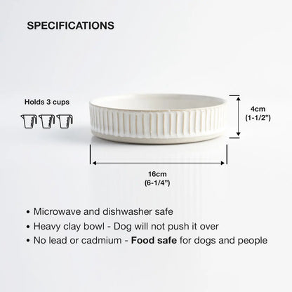 ANIMALS IN CHARGE DOG FOOD BOWL - WHITE SCALLOPED STONEWARE