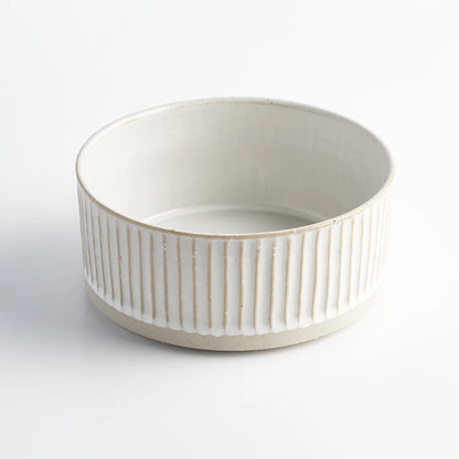 ANIMALS IN CHARGE DOG WATER BOWL WHITE SCALLOPED STONEWARE